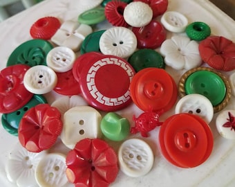 Vintage Buttons - Cottage chic fancy pierced mix of red, green, and white lot of 40 old and sweet( July409 17)