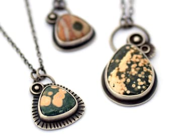 Ocean Jasper Necklace, Oxidized Silver Necklace Inspired by Space, Green and Peach Jasper Necklace, Handcrafted Metalsmith Jewelry