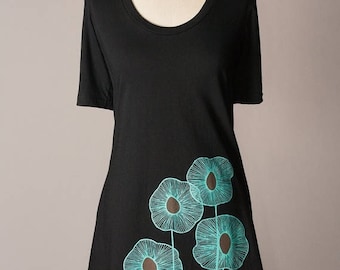 SUMMER SALE tshirt dress, black dress, black cotton dress, summer dress, turquoise screenprint