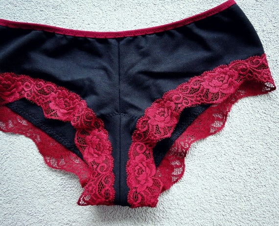 Organic boyshort underwear black red lace panties handmade