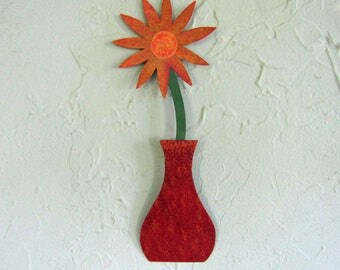 Metal Wall Art Flower Sculpture Yellow Magenta Orange Recycled Metal Floral Decor Indoor Outdoor Kitchen Bathroom Wall Art 3 x 9