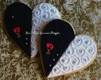 Tux and gown Wedding Cookies - Wedding Day Bliss - Heart Wedding Cookie Favors - 5.00 each