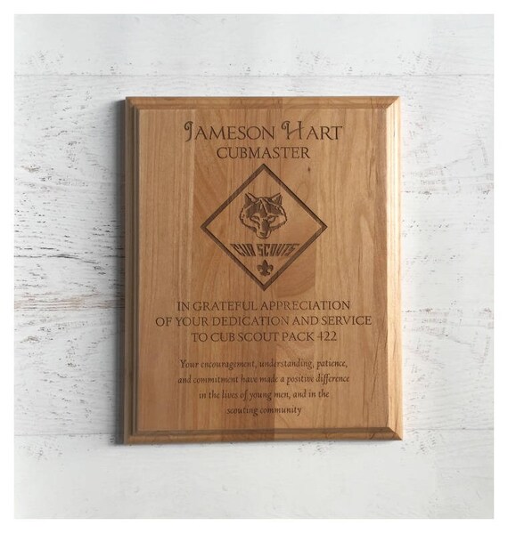 Cub Scout Plaque Leader Award Laser Engraved Wood Plaque 8 x