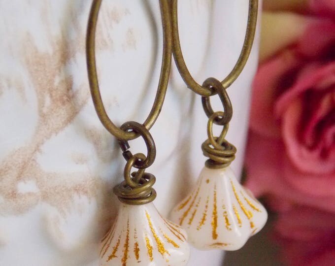 Flower Earrings Ivory Czech Bells Boho Chic Antique Brass Rustic Woodland Dainty Long Light Earthy Earrings Gift Rustic Jewelry Flower Earrings Ivory Czech Bells Boho Chic Antique Brass Rustic Woodland Dainty Long Light Earthy Earrings Gift Rustic Jewelry