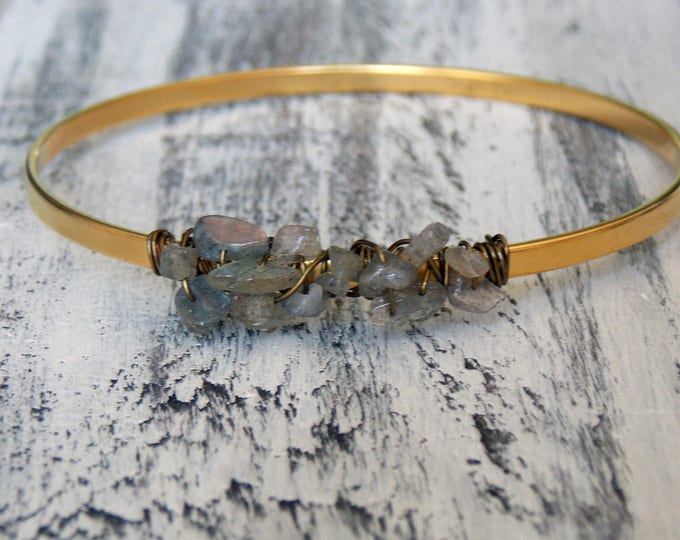 Gold Bangle Bracelet, 24 k Gold Labradorite Wire Wrapped, Stacking Bracelet, Rustic Cuff Bangle, Gemstone Layering Bracelet