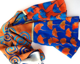 Ginkgo leaves scarf Hand painted silk scarf Blue orange painted scarf Crepe de Chine scarf Luxury shawls Art deco scarf Christmas gift mom