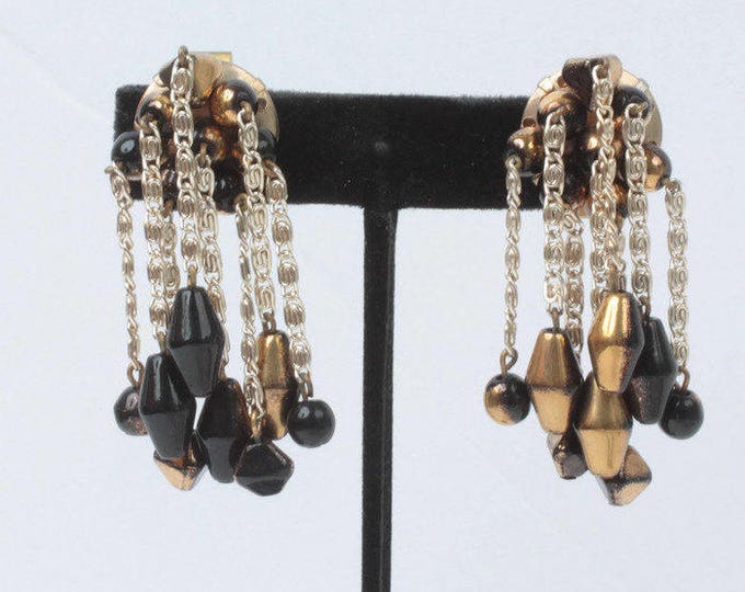 Hobe Dangle Cascade Earrings Two Tone Black Gold Beads Vintage