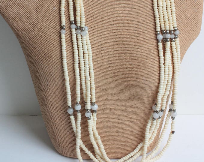 Five Strand Carved Ox Bone Bead Necklace Quartz Beads Tribal Bohemian Vintage