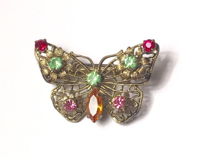 Rhinestone Butterfly Pin Filigree Czechoslovakia Vintage Smaller