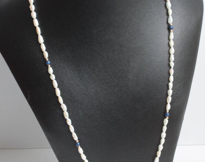 Freshwater Rice Pearl Necklace Lapis and Gold Beads 14K Clasp Vintage