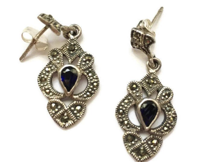 Sterling Marcasite and Blue Gemstone Dangle Earrings Posts Vintage Signed Marsala