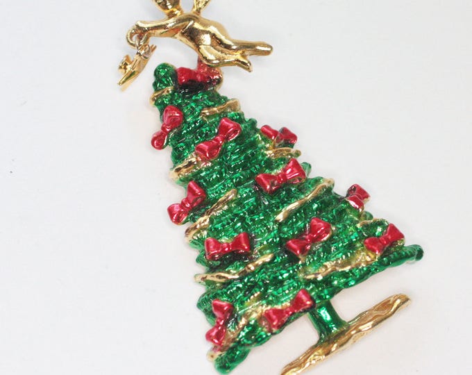 Enameled Christmas Tree Pin Angel with Star Dangle Vintage Holiday Jewelry Signed AJC