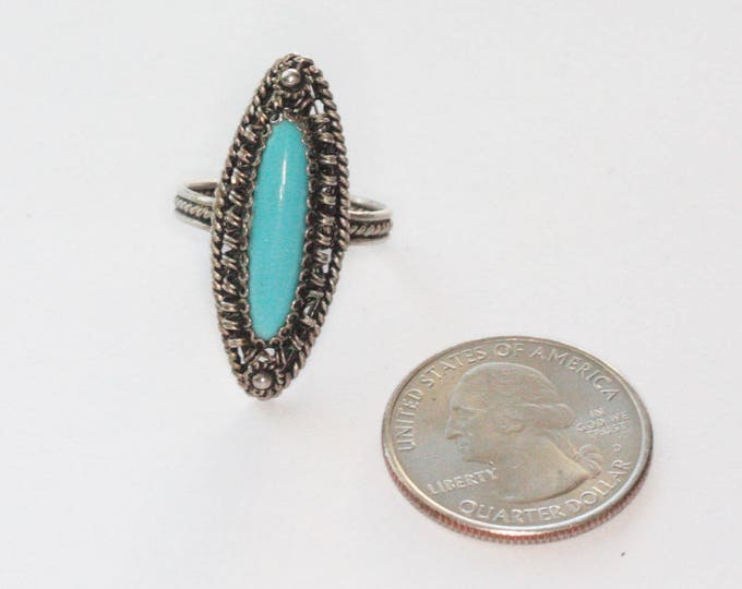 Simulated Turquoise Cabochon Ring Silver Filigree Vintage Size 7.5/P