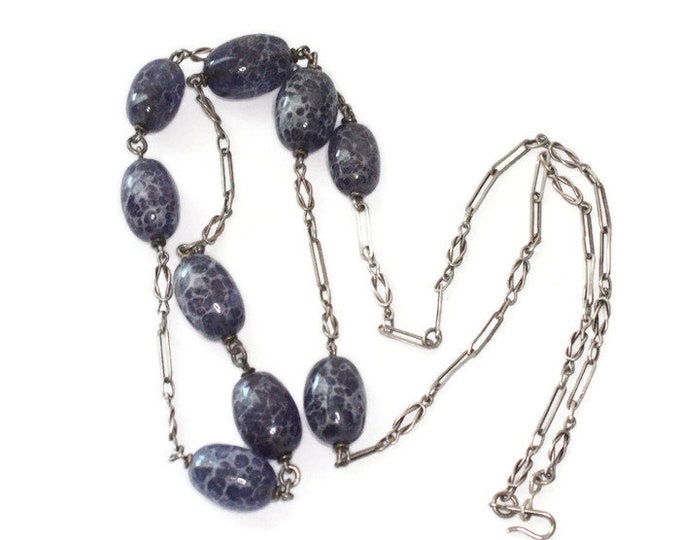 Purple Art Glass Bead Necklace Sterling Chain Oval Shaped Beads Vintage