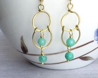 Mint green and gold hammered chandelier earrings, long mint dangle earrings, mint bridesmaid gift, mint bridesmaid earrings, mint wedding