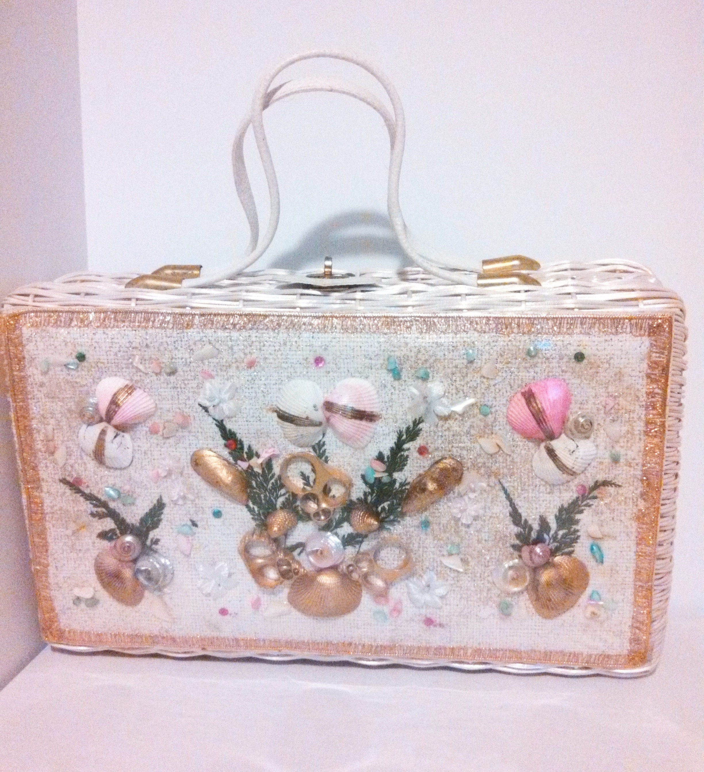 White Wicker Sea Shell Purse Pink Sea Shells Large Purse