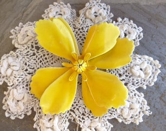 Vintage Large Yellow Enamel Flower Brooch. All Yellow, Solid Yellow, Busy Bee Yellow Flower Brooch