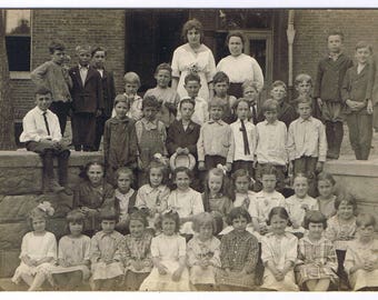 RPPC Vintage School Photo! - Period Clothing - Knickers - Dresses - Hair Bows - Overalls - Circa 1908-1918 - Children's Dress