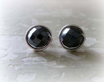 Hematite Post Earrings, Sterling Studs, Black Stud Earrings, Faceted Black Studs, Stone Stud Earrings, Hematite Earrings, Wire Wrap Studs