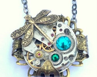 Steampunk Dragonfly Necklace, Antique Watch Movement, Moving Gears, Dark Metal Noir, Antiqued Brass, Teal Swarovski Crystals, OOAK