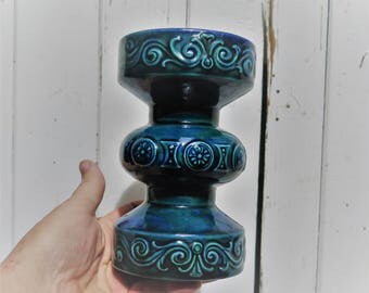 Mid Century Modern Blue Green Ceramic Vase with textured design