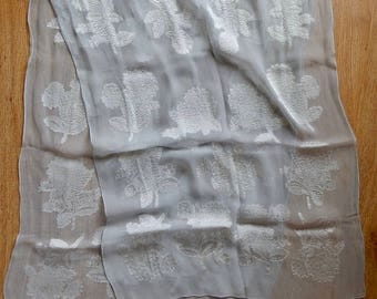 Gray Silk Crepe Scarf w/ Embroidered White chrysanthemum Flower Design