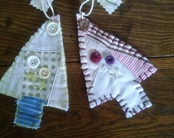 set of two tree ornaments made from antique quilt farmhouse