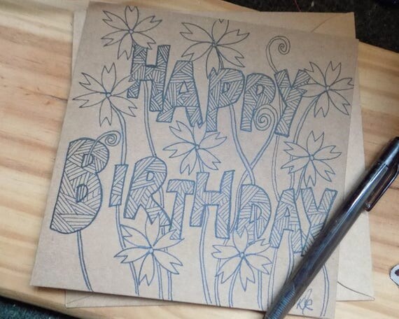 Birthday Card Hand Drawn Floral Card Ink Drawing