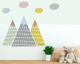 Mountain Wall Decals, Nursery Decor, Mountain stickers, kids wall decor, Baby shower gift, cloud wall decals, snow peak, mountain wall art