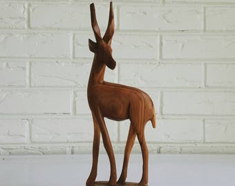 Vintage Carved Wood Gazelle Statue - Wooden African Figurine Animal - Global Bohemian Decor