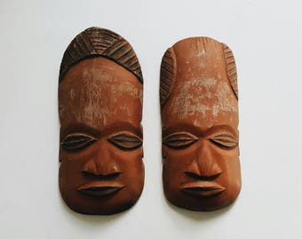 Vintage Pair of Carved Wooden African Masks - Wood Tribal Decor - Global Bohemian Decor