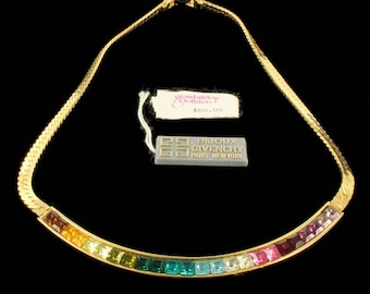 Vintage Bijoux Givenchy Gold Tone Rainbow Princess Cut Rhinestone Necklace 15"