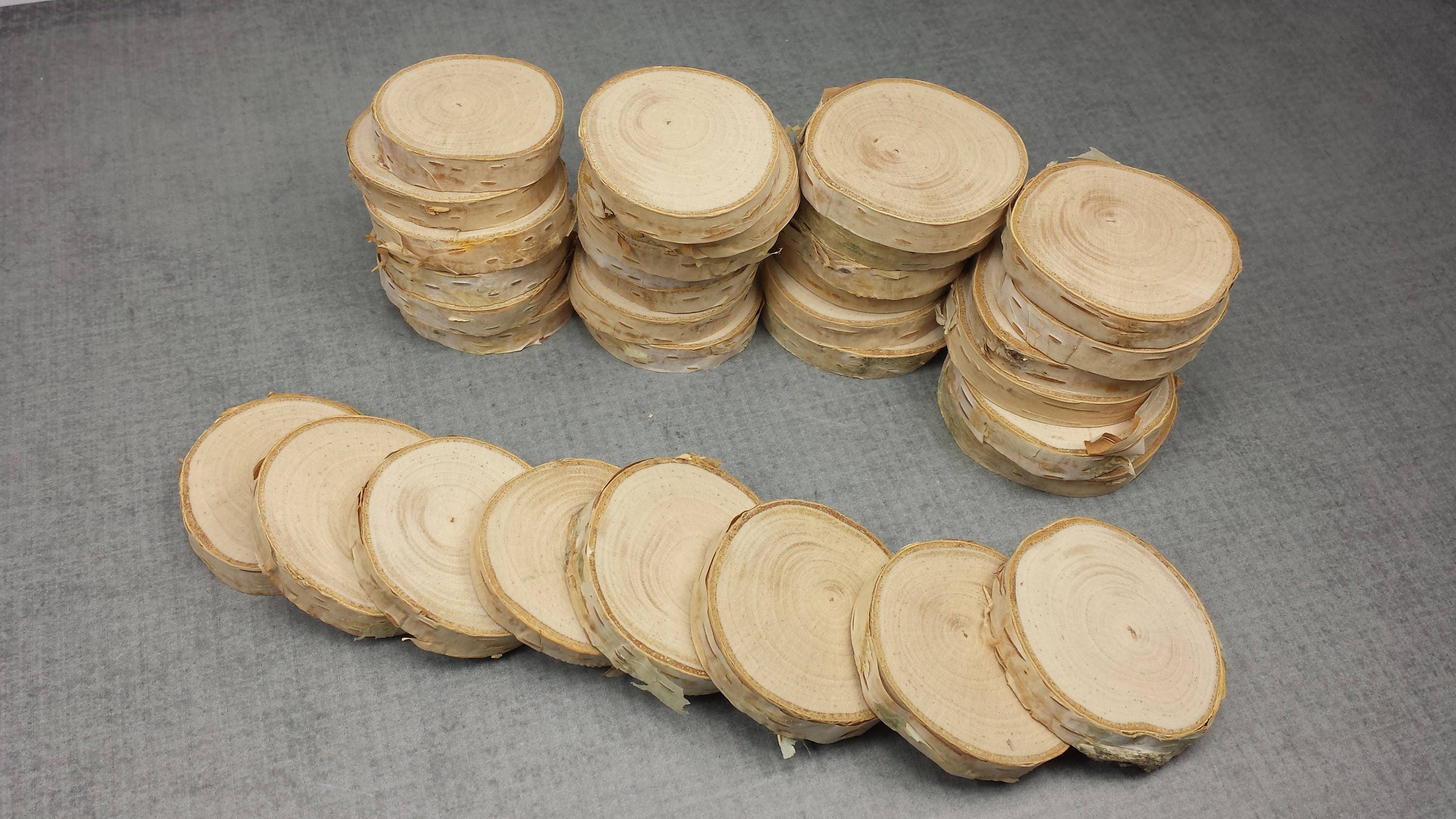 33 Small Hand Cut and Sanded White Birch Wooden Discs, 1.25 to 1.75