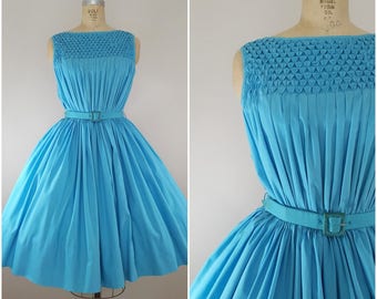 Vintage 1950s 1960s Dress / Turquoise Sundress / Sleeveless Summer Dress / Cotton 50s Dress / Small Medium