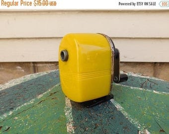 Birthday Sale Vintage Sears Industrial Pencil Sharpener, Bright Yellow Lucite and Metal Wall / Desk Mount Pencil Sharpener