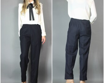 Vintage 80s 90s Pants Liz Claiborne Navy Pinstripe Wool Trouser Tailored Cuffed Pockets Elegant Pant