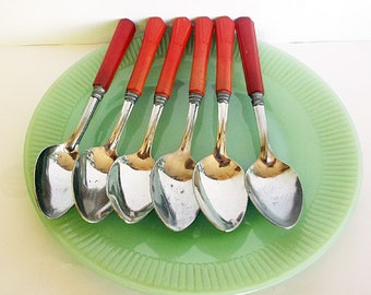 Cherry Red Bakelite Flatware Mid Century Tablespoons Stainless Steel Utensils
