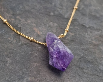 Raw Amethyst Necklace - February Birthstone - Gold Satellite Chain - Rough Gemstone Crystal Point Purple Nugget Boho Style Layering Jewelry
