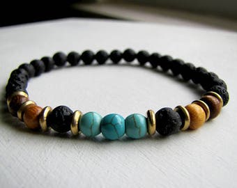 Men's Bracelet Men's Turquoise Bracelet Lava Stone Bracelet Men's Stretch Bracelet Diffuser Bracelet Yoga Jewelry Men's Gift Boho Jewelry