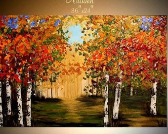 SALE ORIGINAL 36"Abstract gallery canvas-Contemporary Palette Knife Impasto painting " Autumn Birches" by Nicolette Vaughan Horner