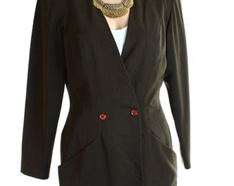 Vintage 80s Wallis Olive Brown Double Breasted Blazer Jacket UK 10 US 8