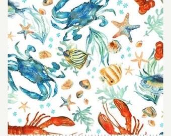 20 % off thru 9/19 OCEAN TIDES Northcott by the yard cotton quilt fabric Sea Life lobster sand crab seaweed starfish on white 21520-10