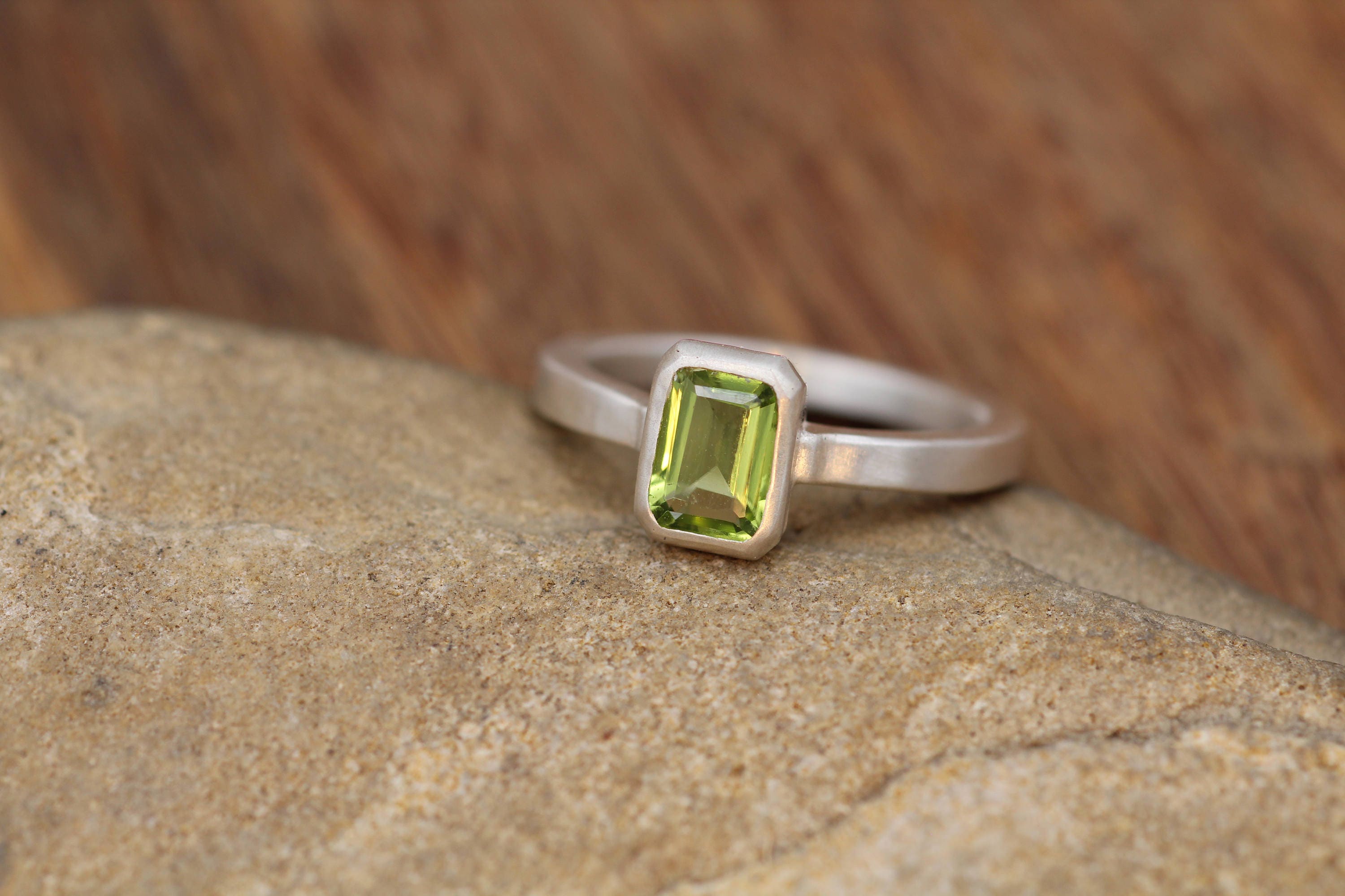 Peridot Emerald Cut Bezel Ring - 5x7mm Matte Finish - Peridot Ring