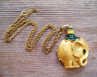 Elephant Locket, Elephant Perfume Pendant, Vintage Gold Plated Rajah's Elephant Perfume Locket Pendant Necklace, Animal Jewelry