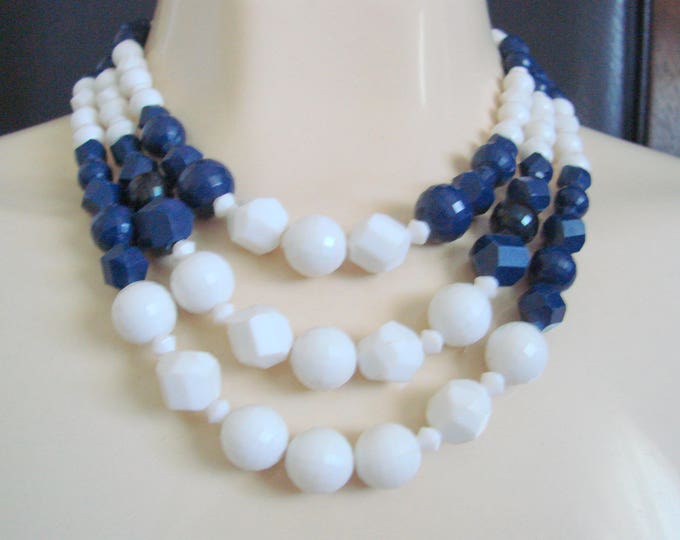 Vintage West Germany White & Navy Blue Bead Bib Necklace / Western Germany / W Germany / Jewelry / Jewellery