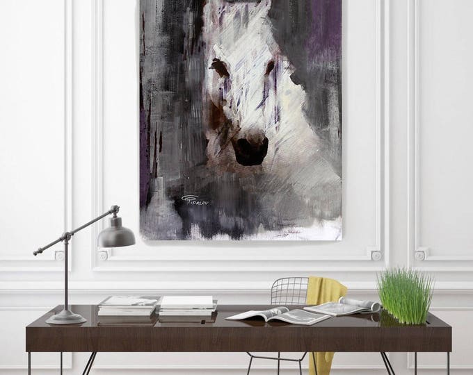 Queen. Extra Large Horse, Unique Horse Wall Decor, White Purple Rustic Horse, Large Contemporary Canvas Art Print up to 72" by Irena Orlov