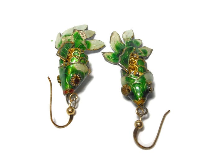 Enamel Koi fish earrings, Chinese good luck charm, green cloisonne fish, articulated moveable, pierced french hook, enamel rhinestone eyes