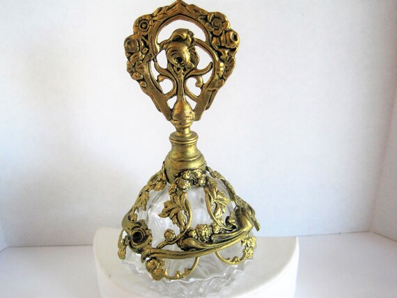 Perfume Bottle - Ornate Gold Ormolu - Roses Embellished - 60's Heavy Glass cologne