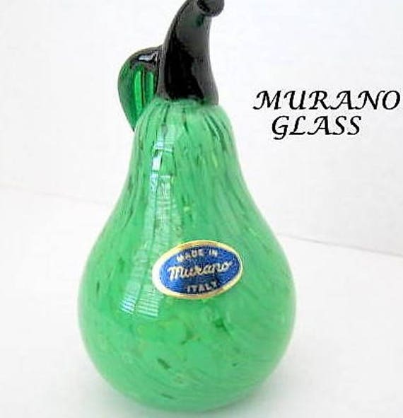 Murano Glass Pear - Green Art Glass - Hand Blown Pear Figural - Paper Weight
