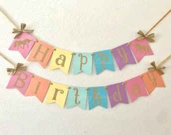 Unicorn Birthday Banner with Gold Glitter Unicorns. Rainbow Pastel Decor. Birthday Decorations. Bright Pastel Rainbow. Magical Unicorn Party